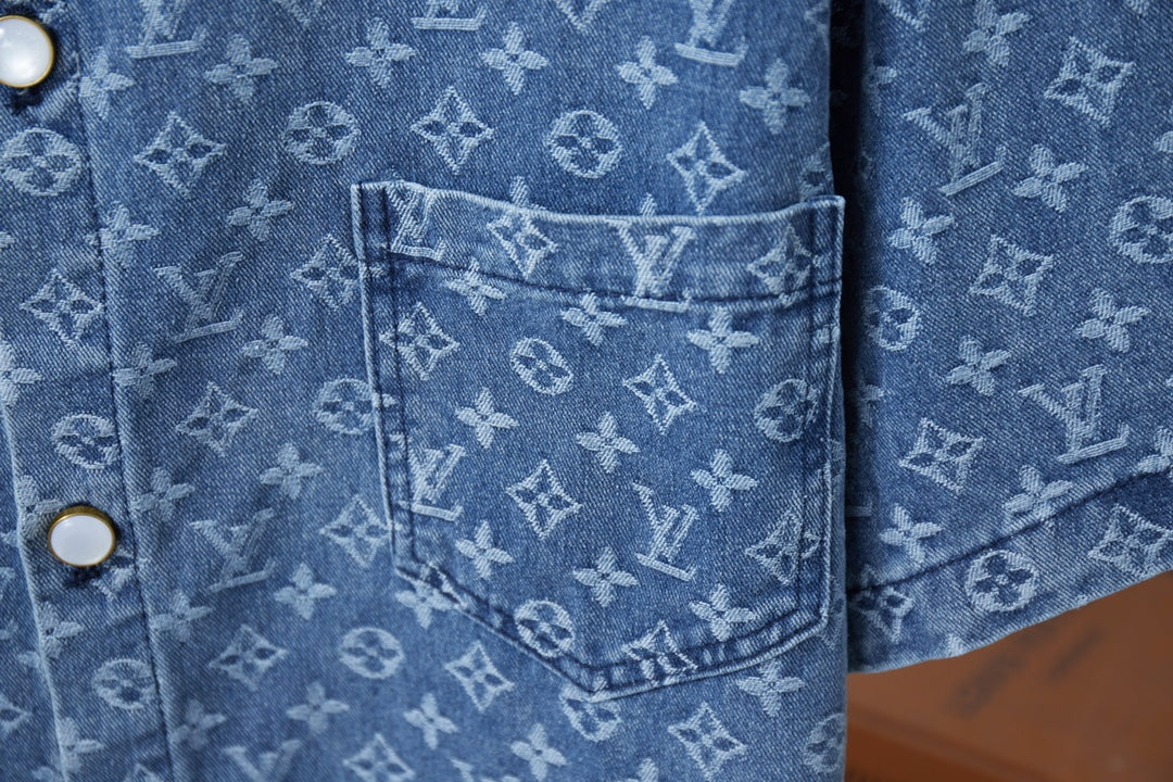 250617 New high-quality full-printed jacquard denim short-sleeved shirt