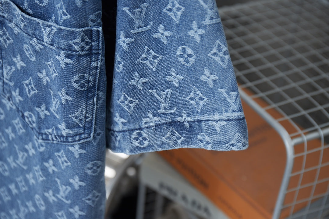 250617 New high-quality full-printed jacquard denim short-sleeved shirt