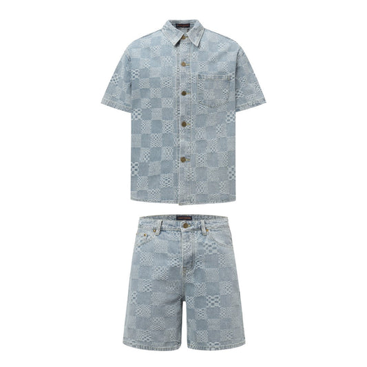 250520 New limited edition checkered patchwork washed blue denim set