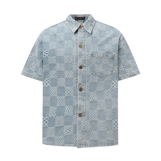 250520 New limited edition checkered patchwork washed blue denim short-sleeved shirt