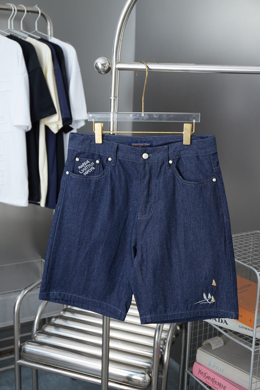 250604 New high-end letter-embroidered denim shorts