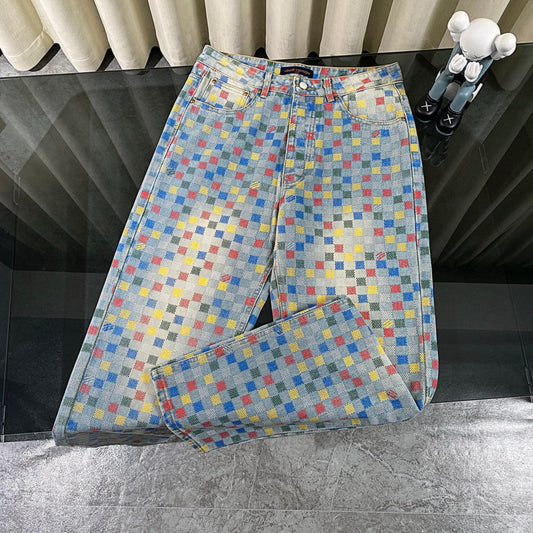 250617 New high-quality dopamine-colored pixel checkered jeans