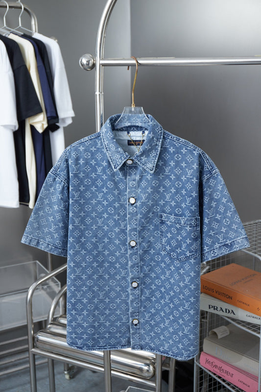 250617 New high-quality full-printed jacquard denim short-sleeved shirt